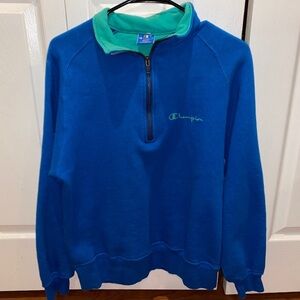 Champion blue green color block 1/4 zip collared pullover cotton sweatshirt